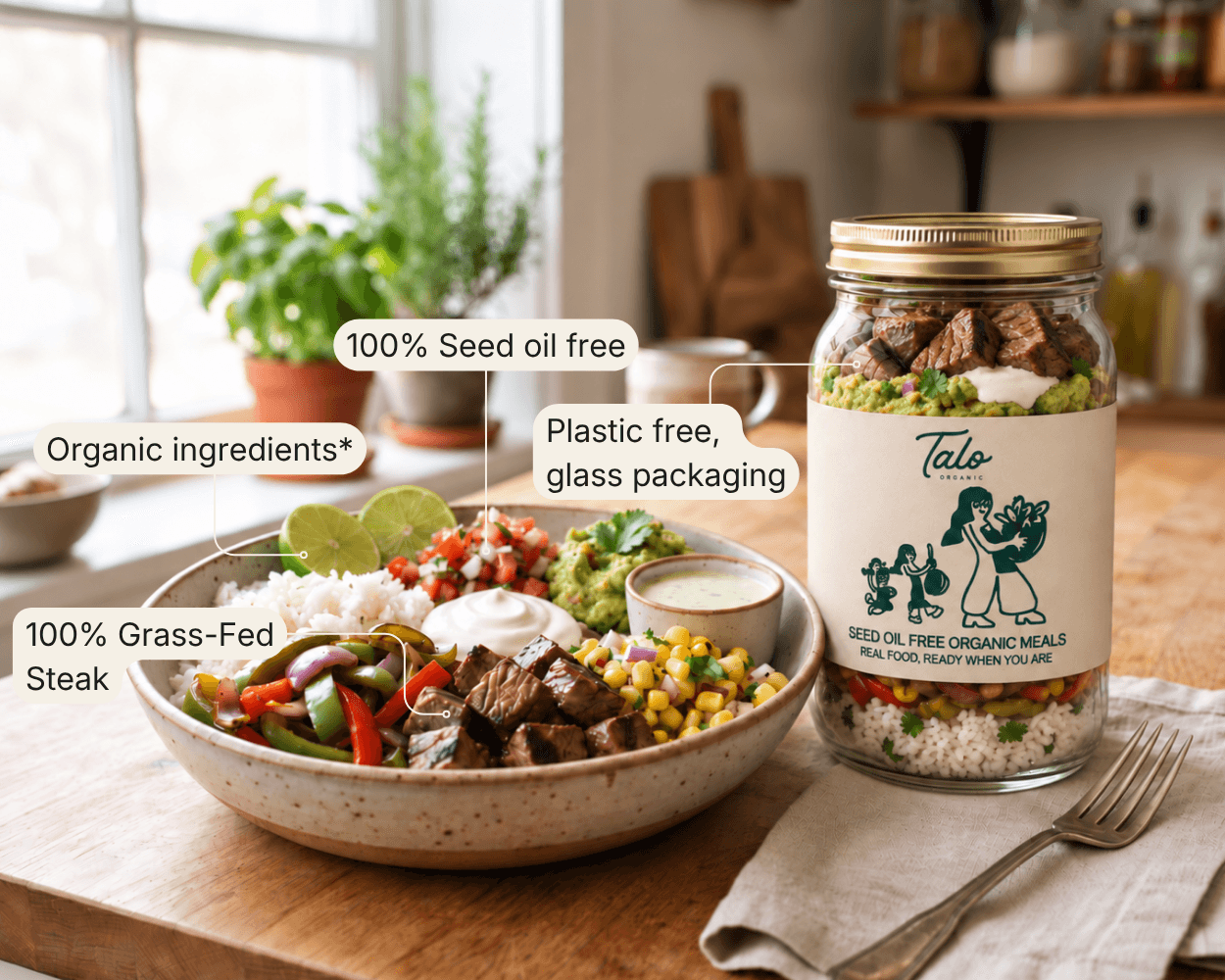 Talo Organic meal prep bowl and glass jar in a bright kitchen