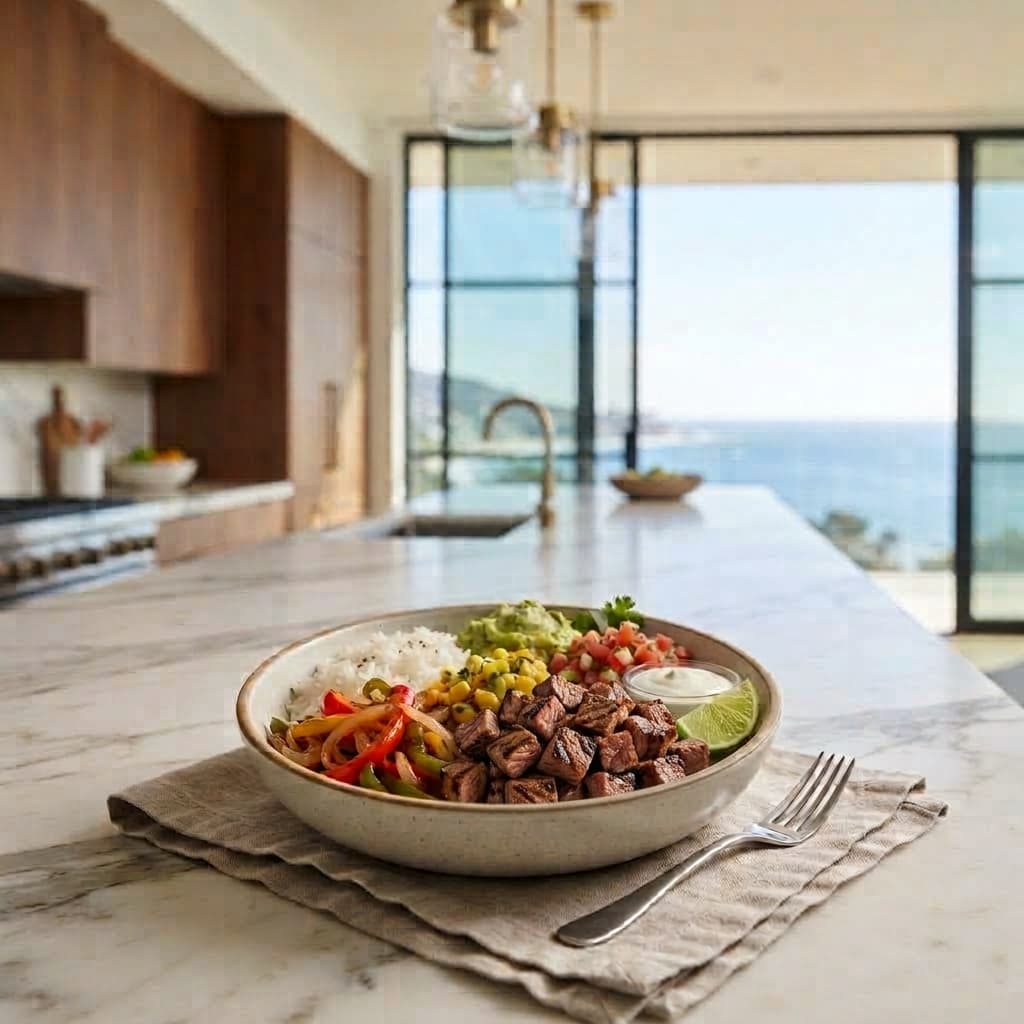 Mexican-inspired Talo Organic meal in a luxury apartment kitchen overlooking the ocean
