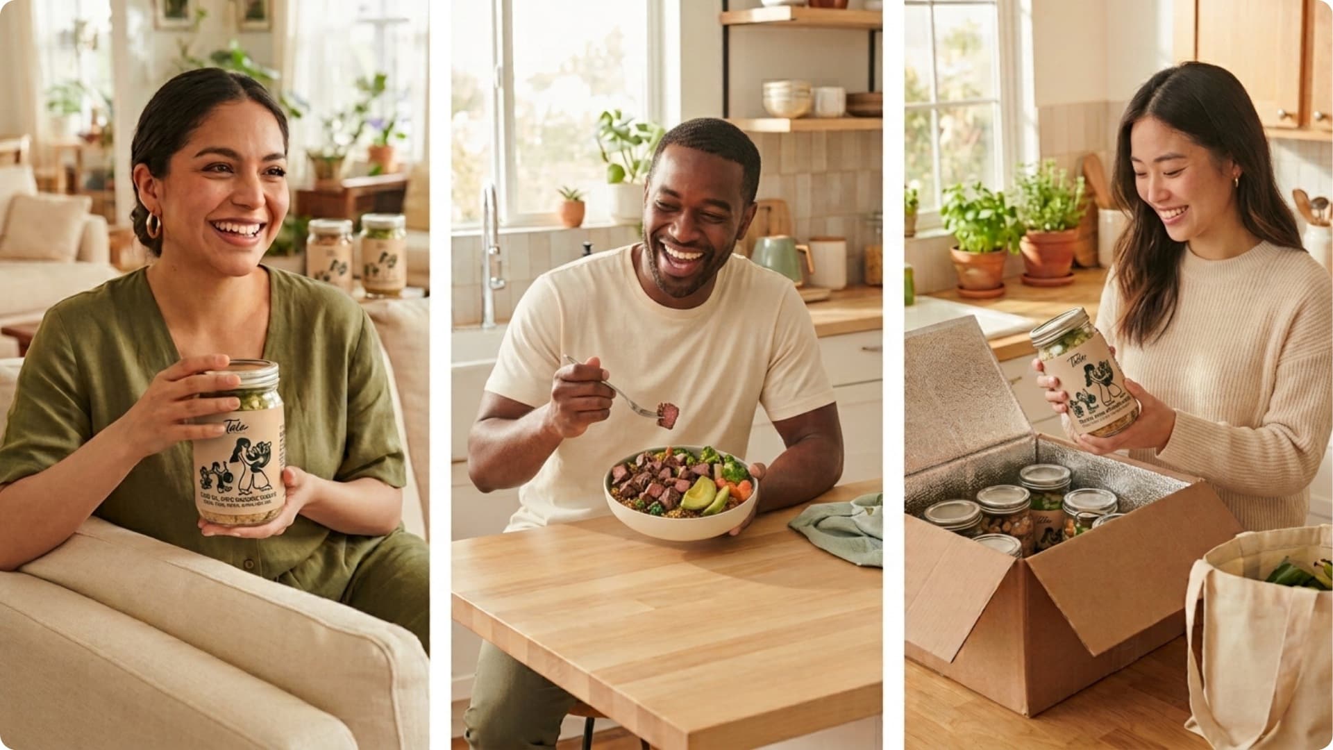 People enjoying fresh Talo Organic meals and unpacking glass meal jars at home